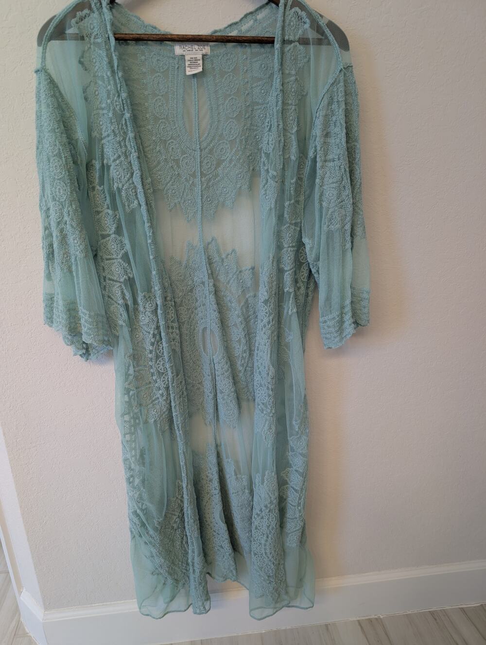Rachel Zoe Sheer Light Blue Lace Kimono | Floral Embroidery Coastal One Size